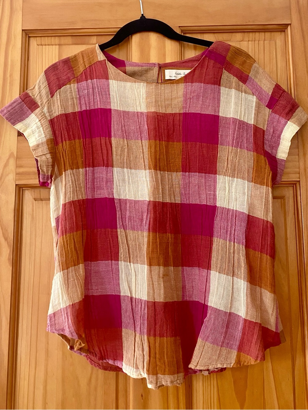 Anthropologie Isabella Sinclair Ramie Cotton Plaid Gauze Top XS Pink Boho